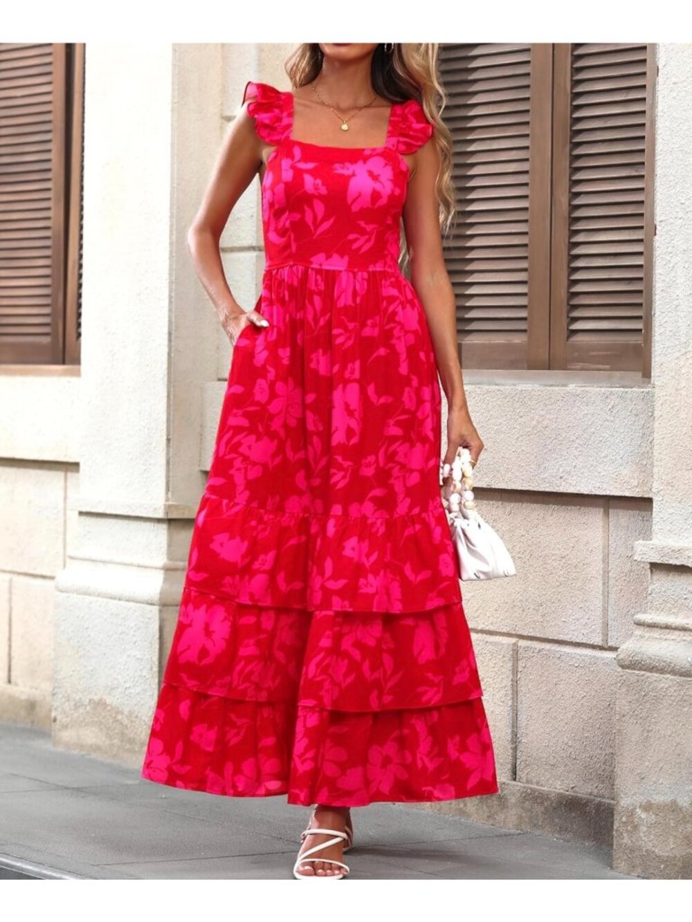 Hot pink floral ruffle layered dress size s